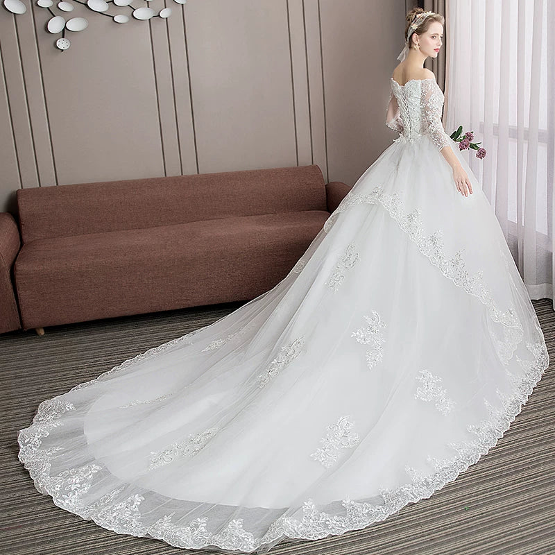Xmsli | One-Shoulder Lace Wedding Dress with Large Train, Luxury Heavy Industrial Forest Style Bridal Gown for Pregnant Brides