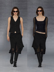 Xmsli | Silk Spliced Fishtail Skirt with Irregular Hem for Women, Retro Style Flowing Elegance