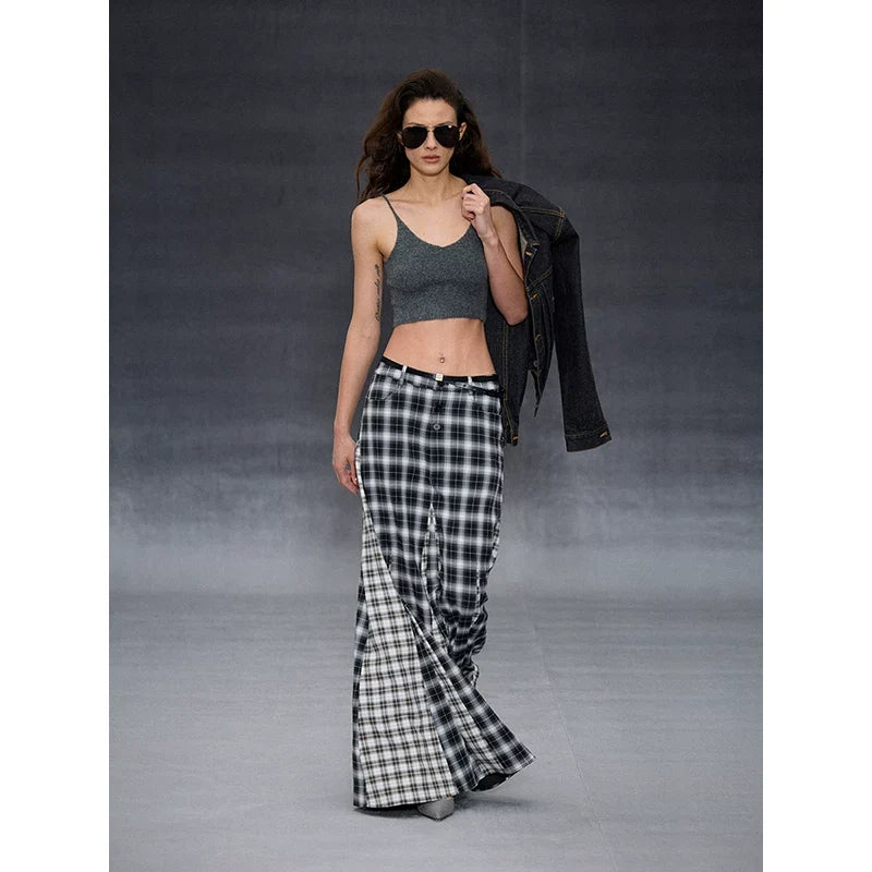 Xmsli | Retro Plaid Irregular Umbrella Skirt for Women, Vintage Style Fashionable Pleated Skirt