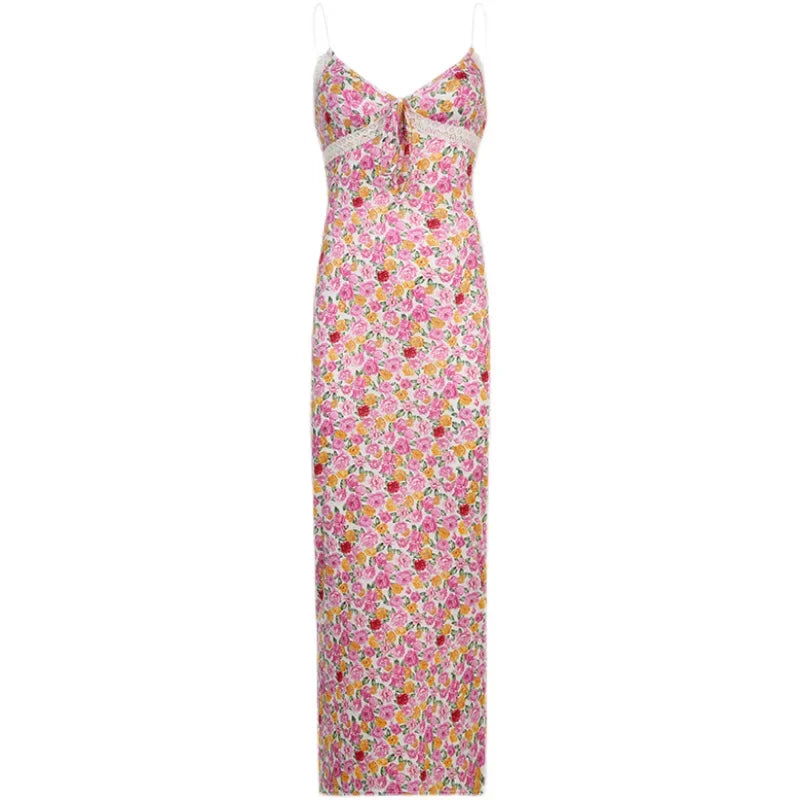 Xmsli | Floral V-Neck Lace Suspender Maxi Dress for Women, Slim Fit Elegant Summer Wear