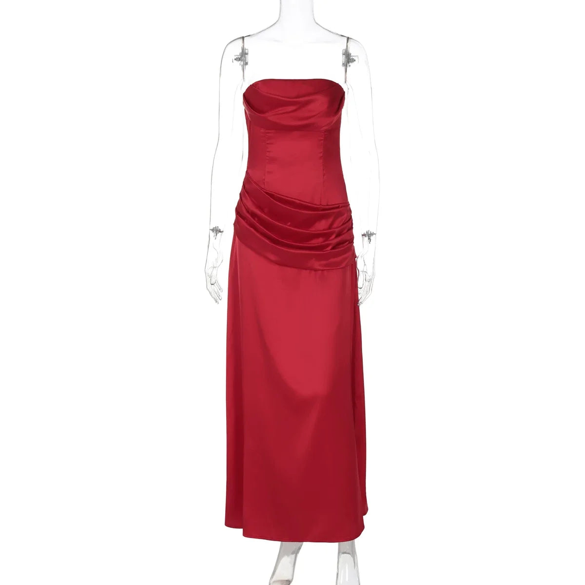 Xmsli | One-Line Collar Satin Zipper Tube Top Dress for Women, Pleated High-Waisted Slim Fit Maxi Skirt