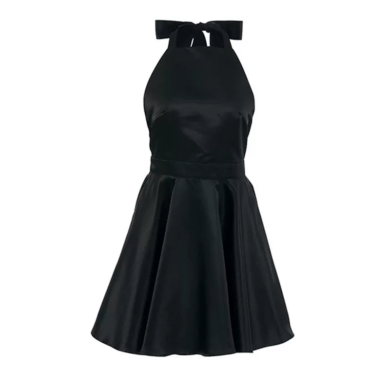 Xmsli | Sleeveless Backless Halterneck Satin Dress for Women, Slim Fit A-Line Evening Wear