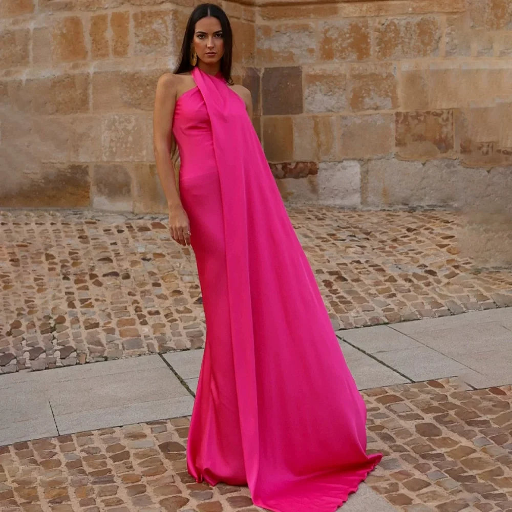 Xmsli | Satin Halter Neck Backless Dress for Women, Sexy Floor-Length Holiday Travel Gown