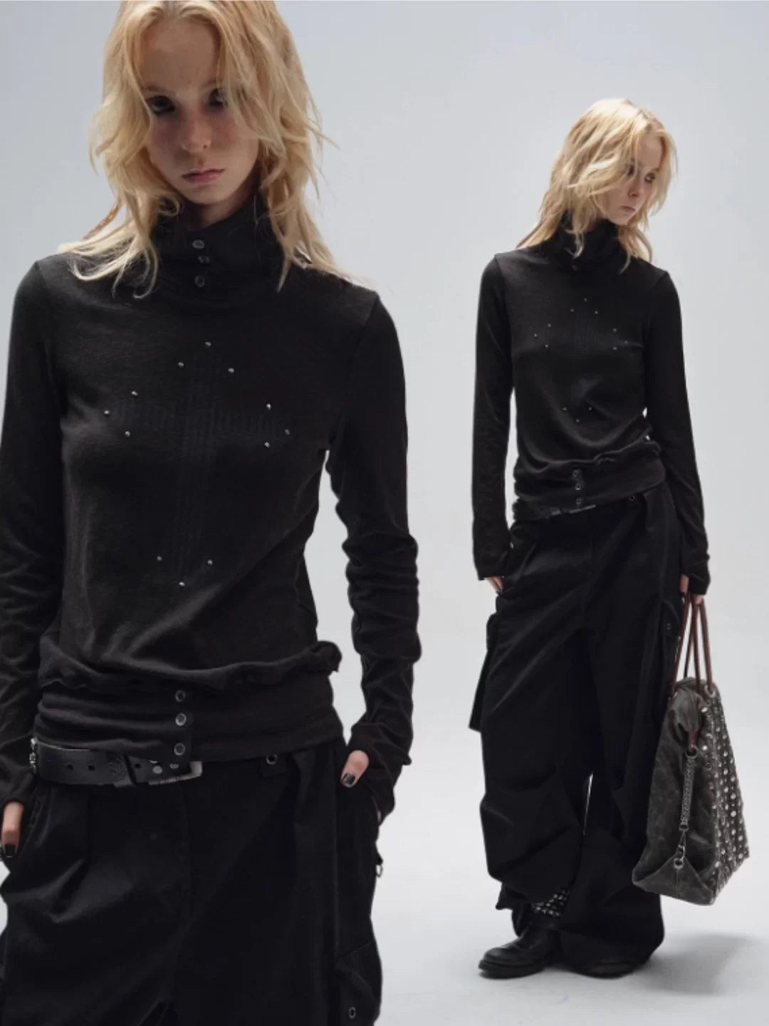 Xmsli | Turtleneck Raw Edge Printed Long-Sleeved T-Shirt - Slim Fit, Punk Style with Hot Diamond Ring Finger Design