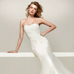 Xmsli | French One-Shoulder Satin Fishtail Wedding Dress with Detachable Train, Slim Fit Bridal Gown for Special Occasions