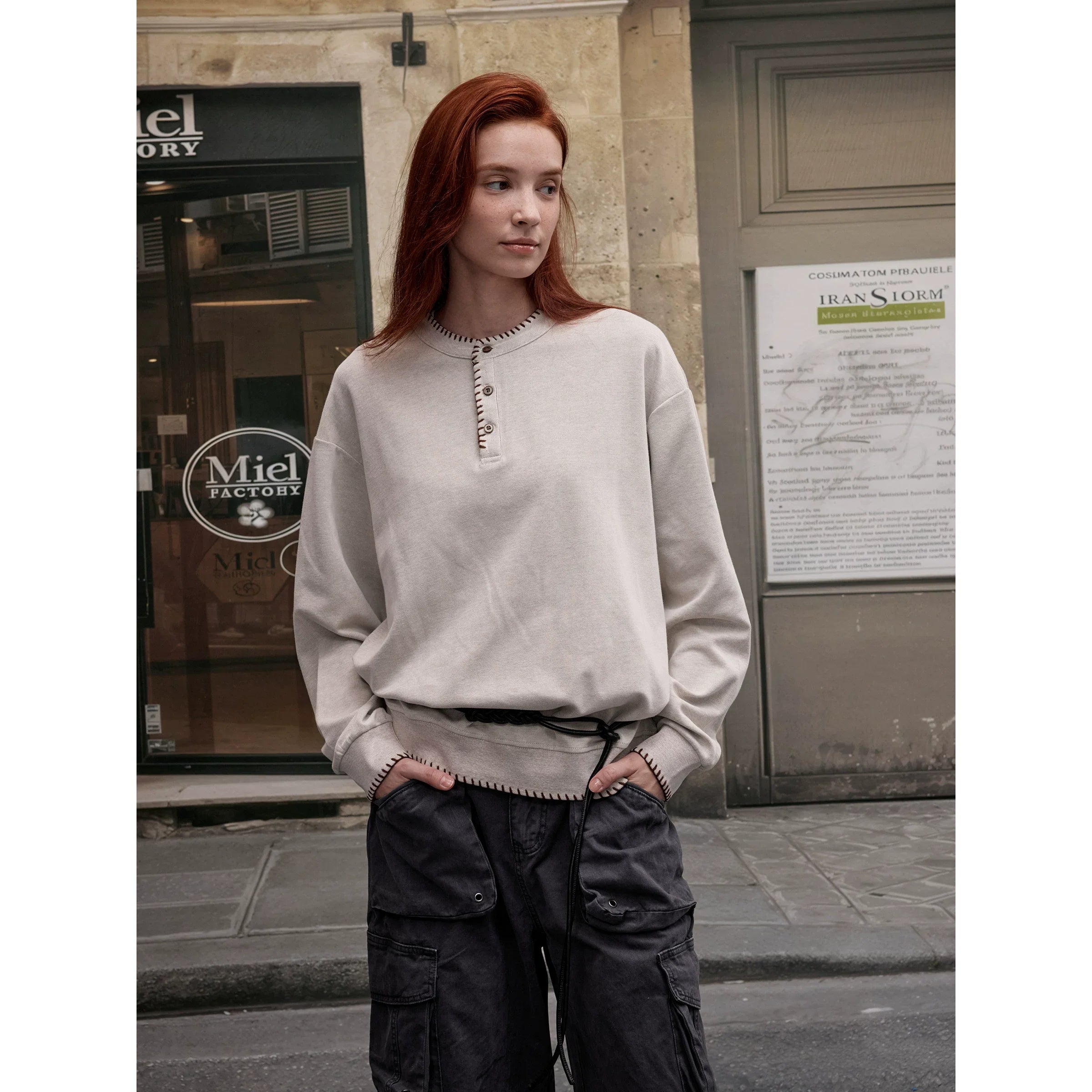 Xmsli | Vintage Hand-Stitched Henry Collar Pullover Sweatshirt for Men and Women - Loose Casual Long Sleeves