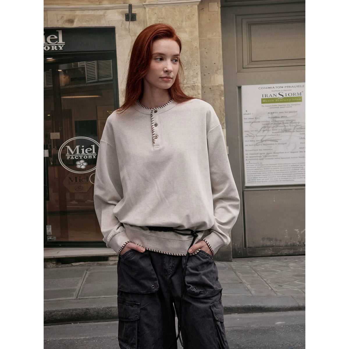 Xmsli | Vintage Hand-Stitched Henry Collar Pullover Sweatshirt for Men and Women - Loose Casual Long Sleeves