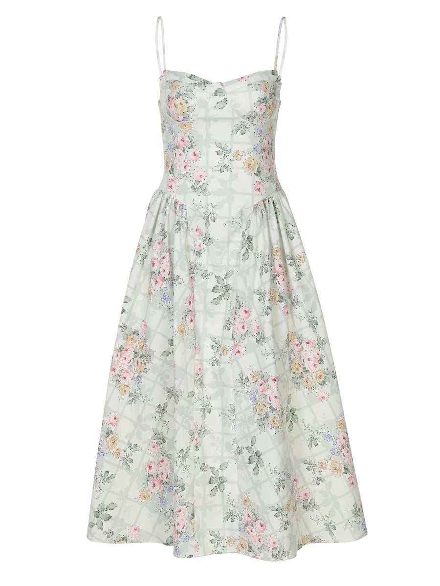 Xmsli | French Romantic Floral Suspender Mini Dress for Women - Adjustable Shoulder Straps, High Waist, Slim Fit with Fluffy Skirt