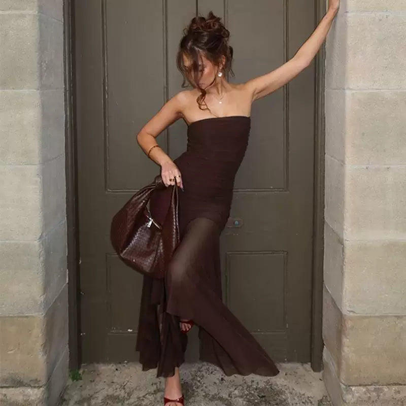 Xmsli | Resort Style Coffee Color Mesh Tube Top Dress for Women - Slimming Waist, Midi-Length Skirt