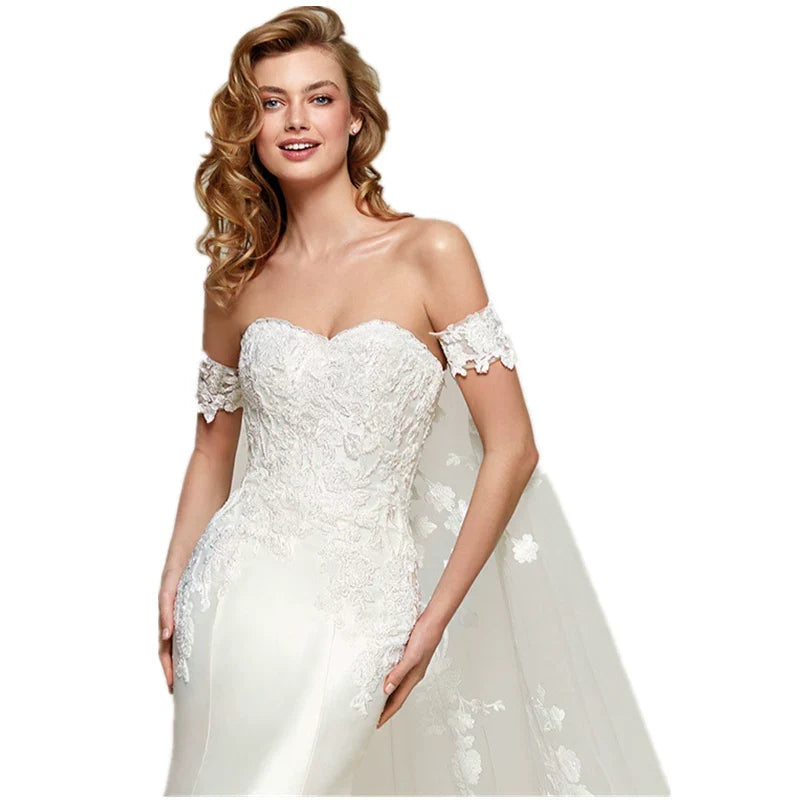 Xmsli | French One-Shoulder Satin Fishtail Wedding Dress with Detachable Train, Slim Fit Bridal Gown for Special Occasions