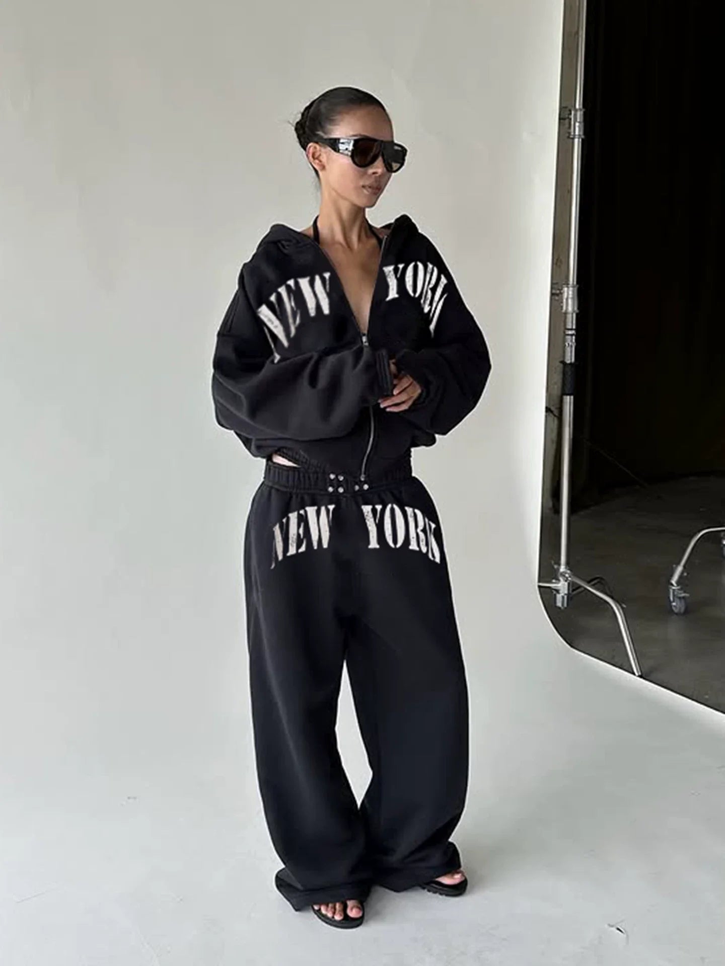 Xmsli | Letter Printed Hooded Sweatshirt & Loose Sweatpants Set for Women, Casual Hip-Hop Sports Suit