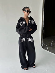 Xmsli | Letter Printed Hooded Sweatshirt & Loose Sweatpants Set for Women, Casual Hip-Hop Sports Suit