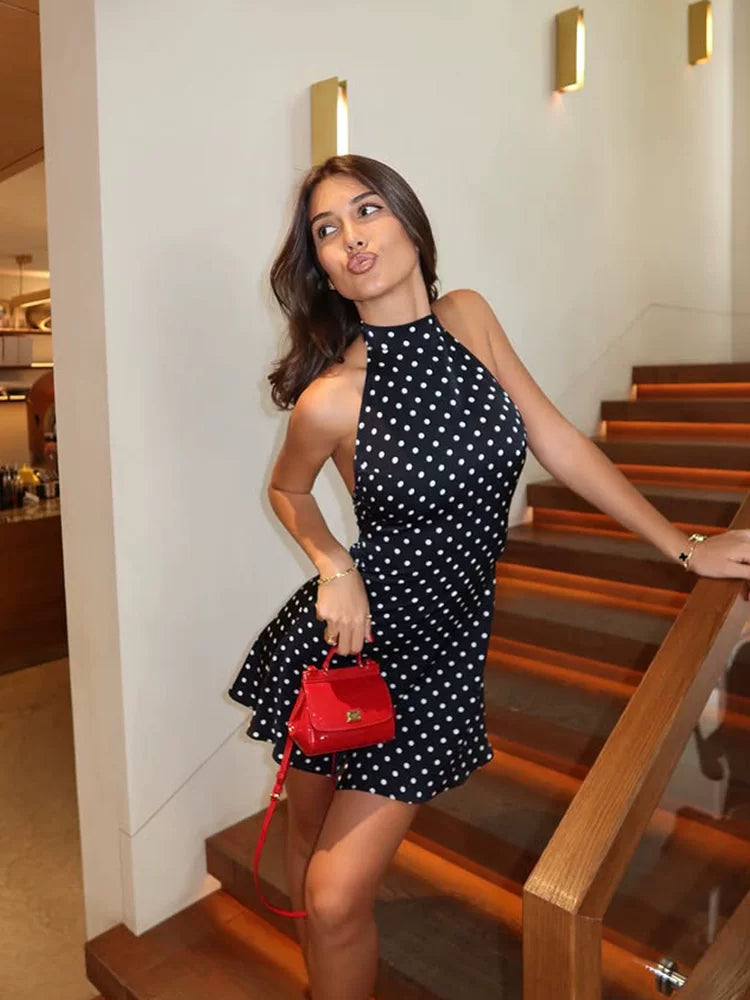 Xmsli | Retro Polka-Dot Backless Strappy Mini Dress for Women, Slim Fit Elegant Summer Wear