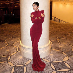 Xmsli | Pleated Shoulder-Pad Midi Dress for Women, Slim Fit Elegant Hip-Hugging Party Wear