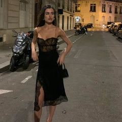 Xmsli | Lace Stitching Suspender Slit Dress for Women, Slim Fit Trendy Party Wear