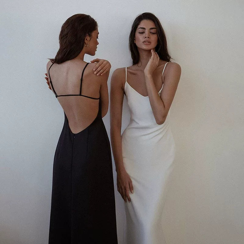 Xmsli | High-Waist Backless Suspender Midi Dress for Women, Slim Fit Elegant Party Wear