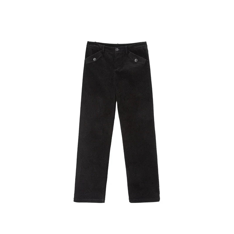 Xmsli | Medium Low-Waist Slim Corduroy Pants for Women, Casual Retro Straight-Leg Trousers