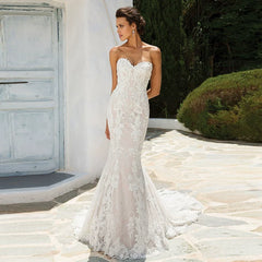 Xmsli | Simple Tube Top Fishtail Wedding Dress, Slimming Princess Bridal Gown with French Lace and Forest Fairy Style