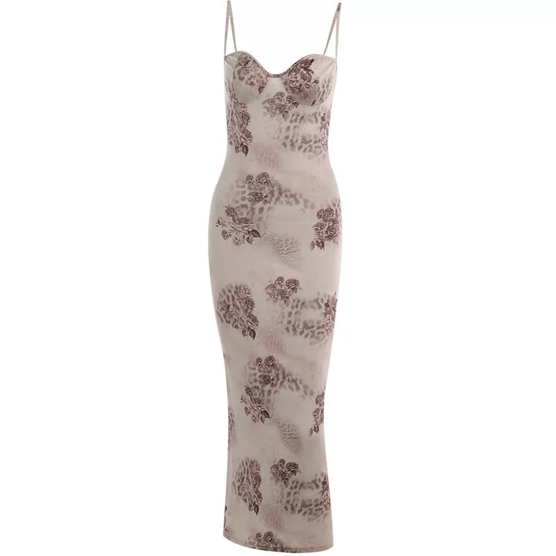 Xmsli | Floral Print One-Shoulder Suspender Dress for Women, Slim Fit Elegant Maxi Wear