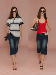 Xmsli | Vintage Washed Blue Bootcut Cropped Jeans for Women, Retro Style Casual Denim Pants