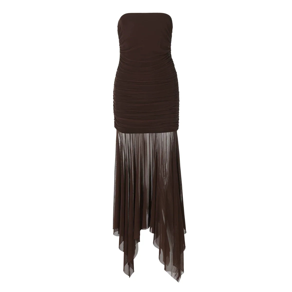 Xmsli | Resort Style Coffee Color Mesh Tube Top Dress for Women - Slimming Waist, Midi-Length Skirt