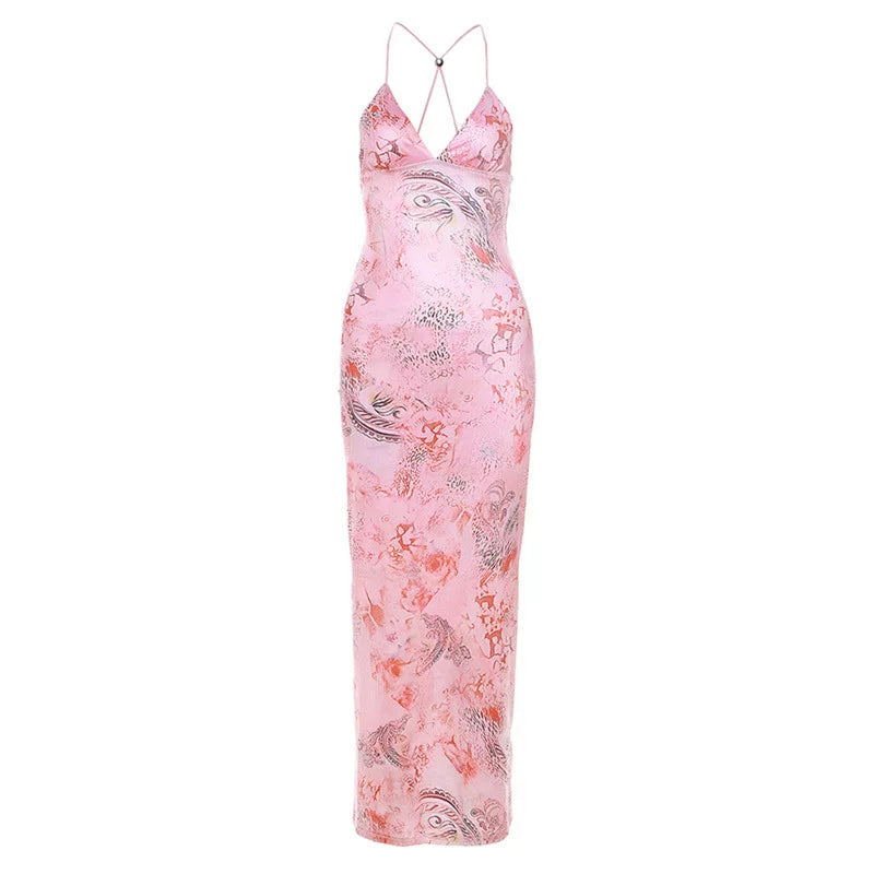 Xmsli | Strappy Butterfly Backless Midi Dress for Women, Slim Fit Hip-Hugging Party Wear