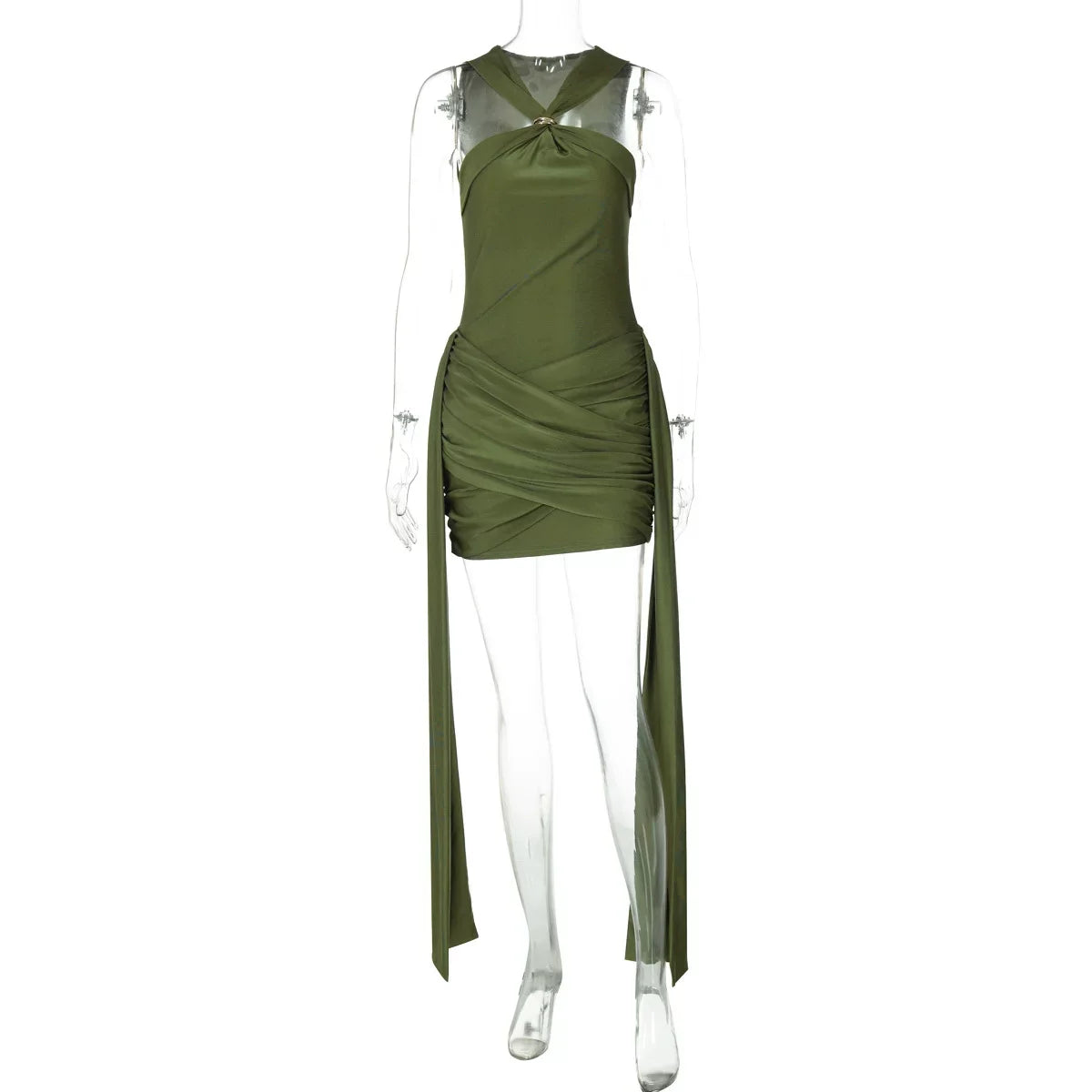 Xmsli | Halter Neck Tube Top Pleated Mini Dress for Women, Slim Fit Hip-Hugging Party Wear