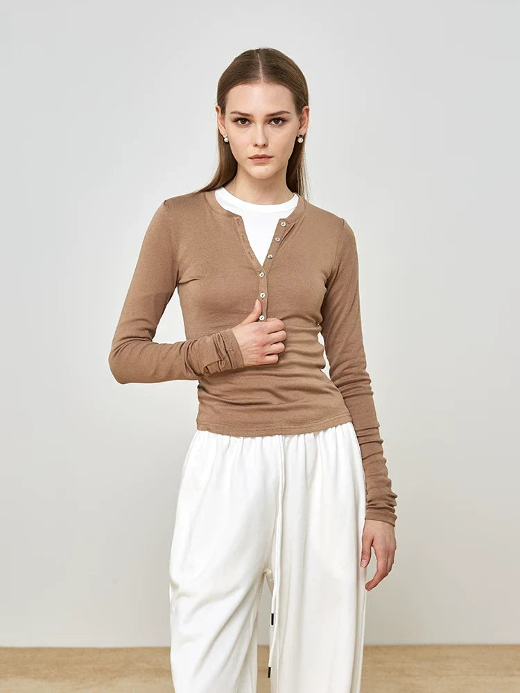 Xmsli | Shell Button Half-Open Collar Henley Shirt for Women - Slim Waist, Long-Sleeved Layered Top