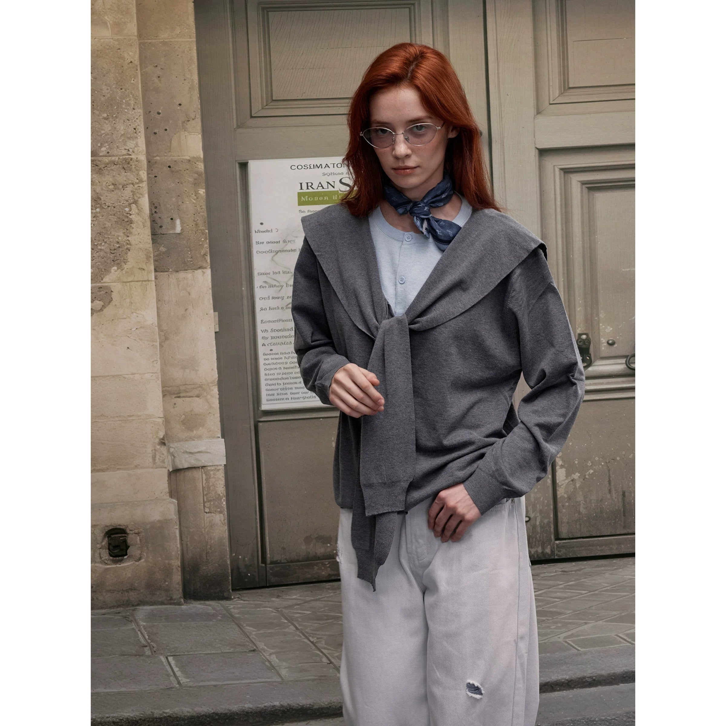 Xmsli | Navy Collar Fake Two-Piece Contrasting Wool Sweater for Women - Loose Casual Autumn & Winter Trend