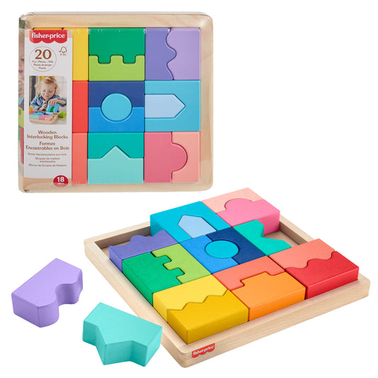 Fisher-Price Wood Toddler Toy Interlocking Blocks Stacking Jigsaw Puzzle With 20 Wooden Pieces For Kids Ages 18+ Months