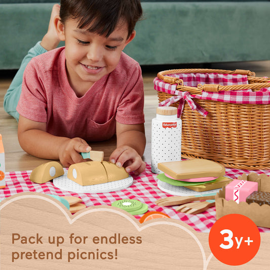 Fisher-Price Wooden Picnic Basket & Food Pretend Play Set For Preschool Kids, 31 Wood Pieces