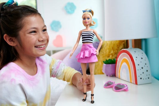 Barbie Fashionistas Doll #213, Blonde With Striped Top, Pink Skirt & Sunglasses, 65Th Anniversary