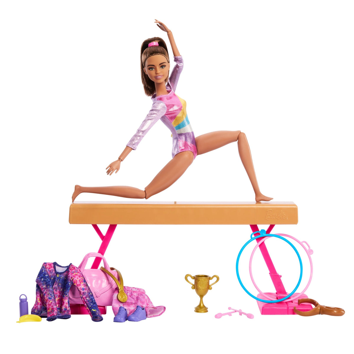 Barbie Gymnastics Playset With Brunette Fashion Doll, Balance Beam, 10+ Accessories & Flip Feature