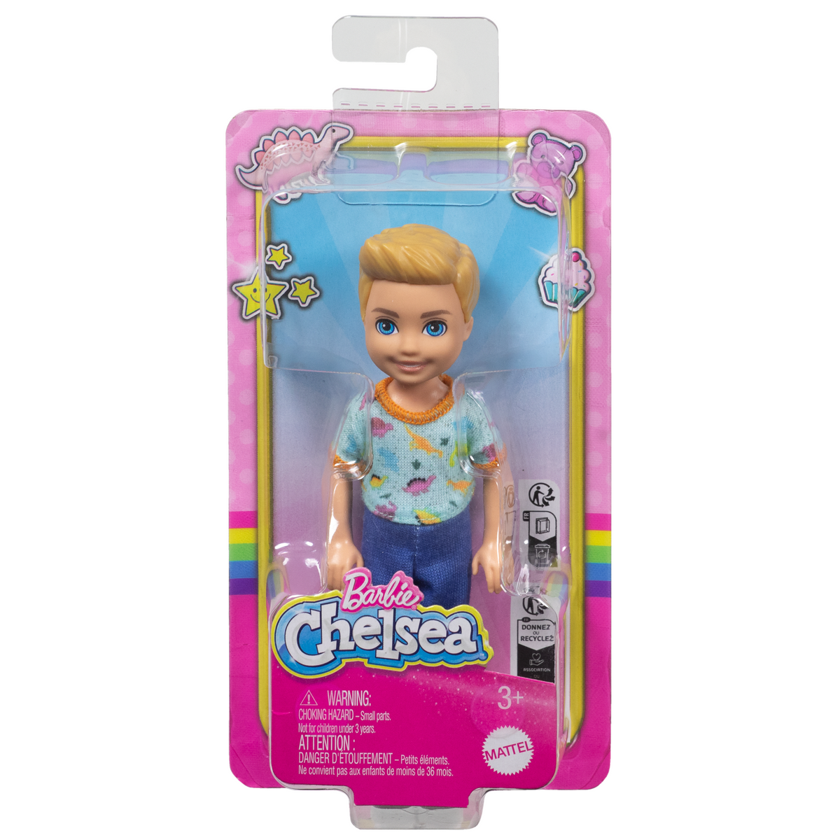 Barbie Chelsea Doll, Small Boy Doll Wearing Removable One-Piece With Dino Print, Blond Hair & Blue Eyes